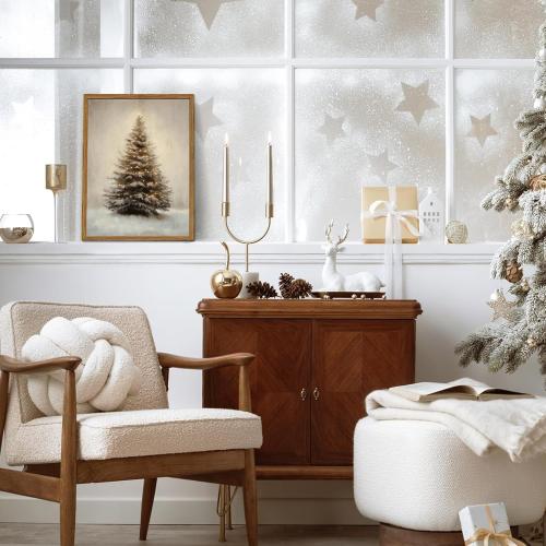 Vintage Christmas Tree Wall Art, Winter Holiday Botanical Wall Decor Paintings, Rustic Pine Tree Canvas Prints Artwork Picture for Farmhouse Mantel Bedroom Living Room  Wood Framed