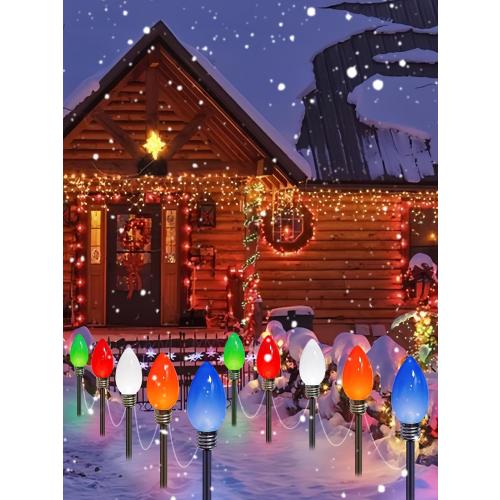 10 Pack Large C9 Christmas Decorations Outdoor Waterproof, Solar C9 Christmas Lights Outdoor with 2 Modes, Solar Pathway Lights for Outside Party Yard Lawn Patio Walkway Xmas Decoration (Multicolor)