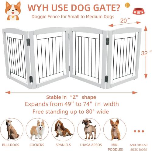 ZJSF Freestanding Foldable Dog Gate - Extra Wide White Puppy Gate for Stairs & Doorways - Tall 4 Panels Wooden Pet Fence