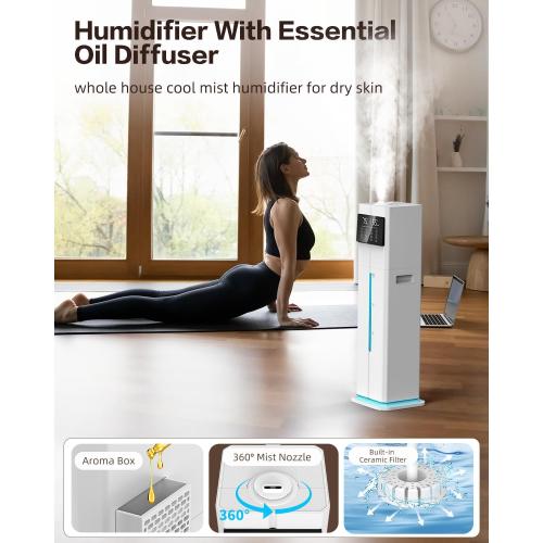Cool Mist Humidifiers for Bedroom, Ultrasonic 2.4Gal 9L Quiet Top-Fill, Easy Clean with Essential Oil Tray, 360°Nozzle, 4 Speed, Remote, 60H Runtime, for Baby, Adults, Plants, Home, House, Large Room