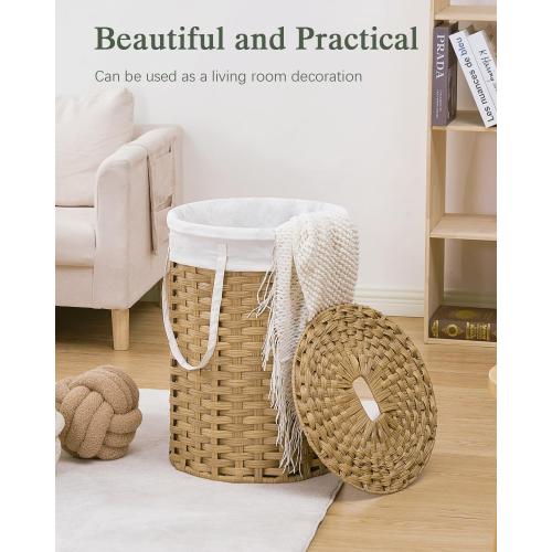 Laundry Hamper with Lid Laundry Basket with Lid 19.0 Gal (72 L) Round Wicker Laundry Basket Handwoven Rattan Hamper Removable Bag 2 Mesh Bags Handles for Living Room Bathroom Natural