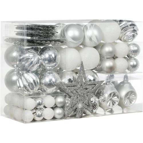 XmasExp 99-Pack Christmas Ball Ornaments Assorted Shatterproof Christmas Tree Decorations with Hand-held Gift Package for Xmas Tree,Home,Party(Silver-White)