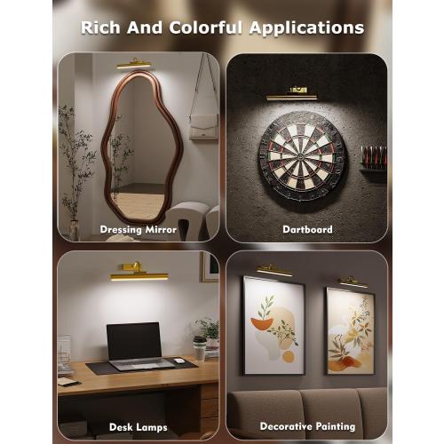 Picture Light Battery Operated, 13in Wireless Art Light for Paintings, Dimmable 5000mAh Recharging Battery Picture Light with Remote Control for Wall, Gallery Dartboard Art Bedroom (Gold-2Pack)