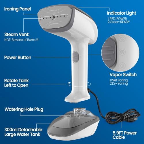 Powerful Handheld Fabric Steamer - 1800W with Fast Ceramic Heat-Up Plate, 2-in-1 Ironing & Wrinkle Remover, Steam Nozzle, Lint Brush - White, for US 120V Only