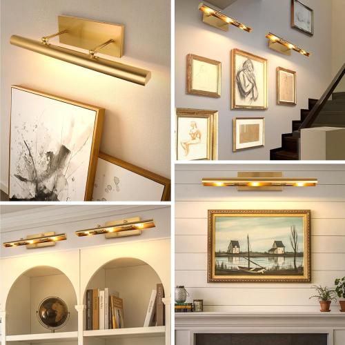 BELS Picture Lights for Wall Hardwired, 24 Inch Gold Wall Lights for Pictures,3-Light 2700k,Non-Dimmable, 270° Adjustable Swing Arm, Hardwired Wall Light for Artwork Poster Portrait Library Display