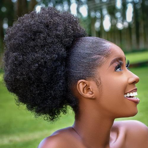 Afro Puff Drawstring Ponytail with Bangs ponytail extension for black women Short Curly Clip in Wrap Updo Hairpiece(1#) (No bangs, 1#)