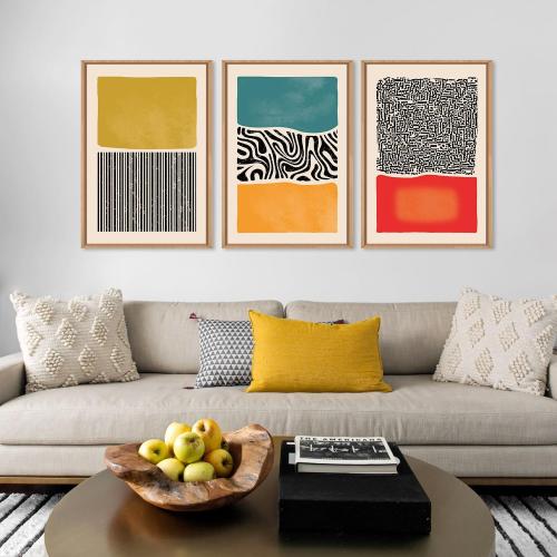 HLNIUC Large Mid Century Modern Wall Art Framed 16x24, Boho Abstract 3 Piece Canvas Decor, Mcm Vintage Bohemian Color Block Painting, Geometric Line Art Print for Living Room, Bedroom, Office