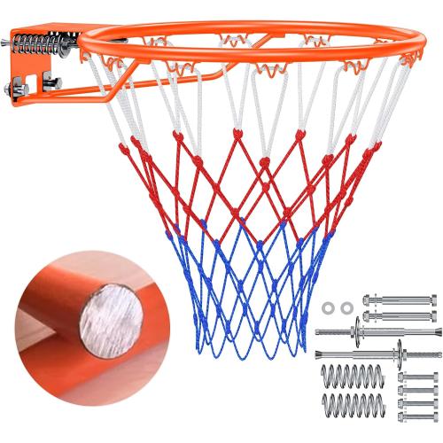 Basketball Rim, 18 Replacement Wall Mounted Outdoor Basketball Hoop, Heavy Duty Solid Steel, Double Spring Basketball Hoop Rim with All Weather Net for Indoor and Outdoor Hanging