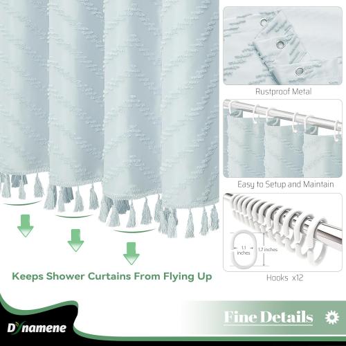 Dynamene Extra Long Shower Curtains, 96 Inch Long Boho Tufted Chevron Striped Fabric Shower Curtains for Bathroom, Tall Minimalist Waterproof Cloth Shower Curtain Set with Hook, Fog Blue, 72x96