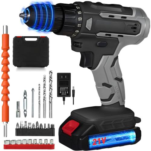 Black and Grey 21V Cordless Drill with 25 1 Torque, 30N.m, 3/8'' Keyless Chuck, LED Light, Battery and Charger(Gray)