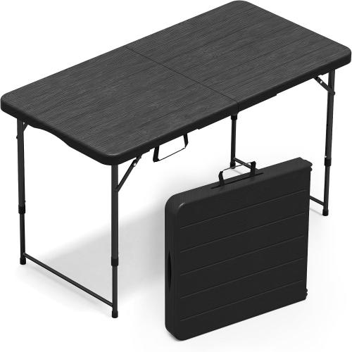 VSOAEIL Folding Table 4 Foot for Indoor Outdoor, Portable Heavy Duty Fold-in-Half Utility Small Plastic Adjustable Height Folding with Carrying Handle for Picnic Camping and Party, Matte Black