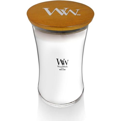 WoodWick Large Hourglass Candle in White Teak Premium Soy Blend Wax with Crackling Pluswick Innovation Wood Wick
