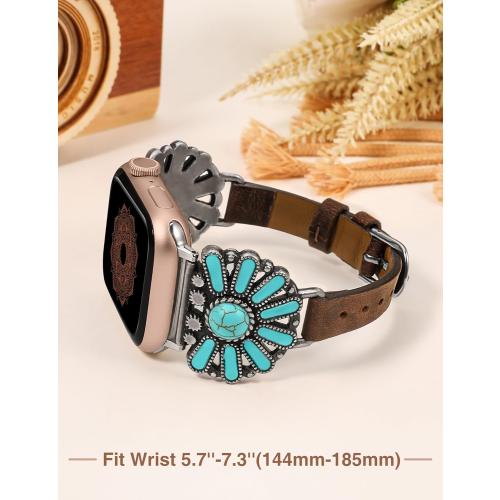 W-RARA Leather Band Compatible with Apple Watch Band Women 38/40/41/42/44/45/46/49mm, Boho Western Vintage Turquoise Ethnic Antique Style Strap for iWatch Series Ultra 2 SE 11 10 9 8 7 6 5 4 3 2 1