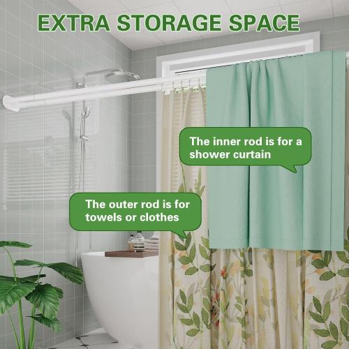 Double Shower Curtain Rod, 28-76 Inches Adjustable Wall Mounted Double Shower Rod, Rustproof White Shower Curtain Rods for Bathroom, Bathtub, Extra Space for Curtain and Liner