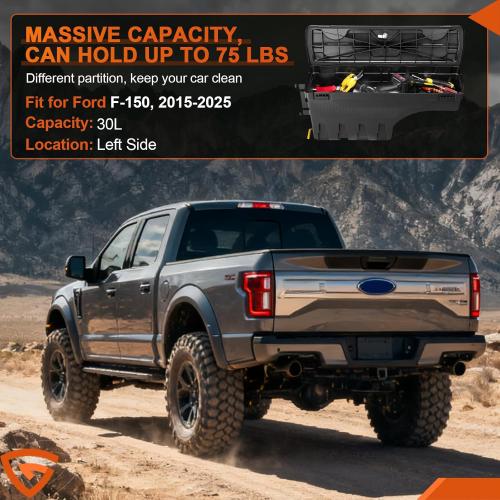 GEARLAST Truck Bed Storage Box With Password Lock For 2015-2025 Ford F-150, Drivers Side,30L, Black