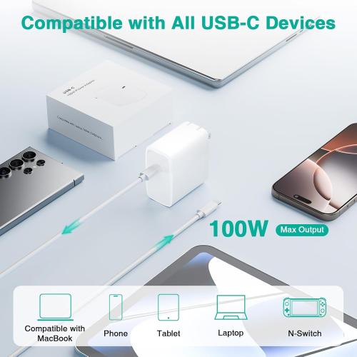 Charger for MacBook Pro/Air 13 14 15 16 inch M4 M3 M2 M1 2025 2024 2023 2022 2021 2020 2019, 100W USB C Laptop Charger Power Adapter with 6.6FT USB-C Charging Cable, Compact & Foldable