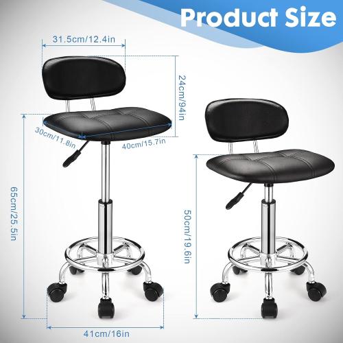 Square Rolling Stools with Backrest Height Adjustable Swivel Stool with Wheels Black