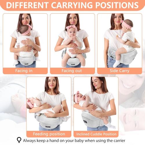 HKAI Baby Hip Carrier, Mom’s Choice Award Winner, Baby Carrier with Adjustable Waistband & Breathable Mesh, Ergonomic Carrier with Non-Slip Hip Seat Surface for Newborns & Toddlers, Light Grey