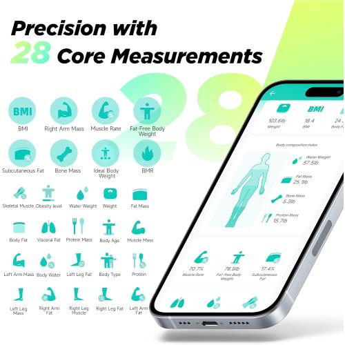 Black 13x13 RunStar Smart Scale FSA&HSA Eligible, 8 Electrodes Digital Bathroom Scale for Body Weight and Fat, BMI, Muscle Mass 28 Body Composition Measurement, with Full-Color TFT LCD on Retractable Handle