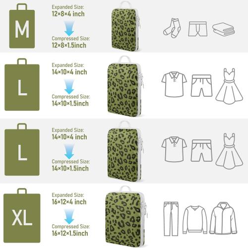4 Set Compression Packing Cubes For Travel Bags Organizer For Luggage Suitcase Organizer, Compression Bags For Travel Accessories Luggage Storage Set (4 Pcs, Green Leopard)