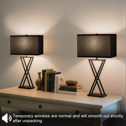 Black Lamp Shades Set of 2, Large Rectangle Lampshades Replacement, 16L x 8W x 10H, Fabric Lamp Shade for Table Lamps Floor Lamps, Spider, Harp Holders Included, Easy Assembly Required