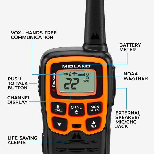 Midland- T51VP3 X-TALKER Spotting and Recovery Walkie-Talkie Long Range - FRS Two Way Radio for kids Caravanning with NOAA Weather Scan   Alert, 38 Privacy Codes - Black/Orange - 2 Pack