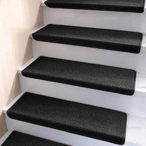 Bullnose Carpet Stair Treads, Non Slip for Wooden Steps Indoor, Runner, Soft Rugs for Pets, Edging Protectors, Washable, 29.5x9.5x1.5 14pcs, Black