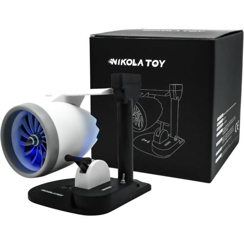 NIKOLATOY Jet Engine Fan Model Desk Gadget with Wireless Charger, Turbofan Engine Model Display with Rotating LED Blades, Creative Desktop Jet Fan Office Decor Engineering Gift for Men (Blue)