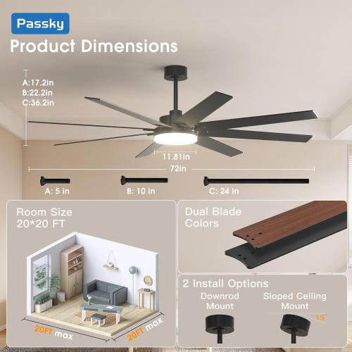 Size 72 inch Color Black Ceiling Fans with Lights, Large Modern Ceiling Fan with Light and Remote Control, Reversible, 3CCT, Dimmable, Quiet, Black Ceiling fan For Bedroom, Living Room, Patio Farmhouse, Indoor/Outdoor