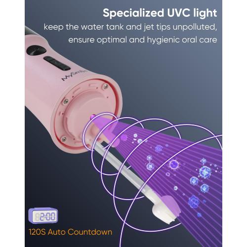 Color Pink MySmile LP221 UVC Sterilizable Cordless Water Flossers for Teeth 335ML Portable OLED Display Dental Flosser with 4 Modes 8 Jet Tips and a Storage Pouch for Home and Travel (Juicy Pink)