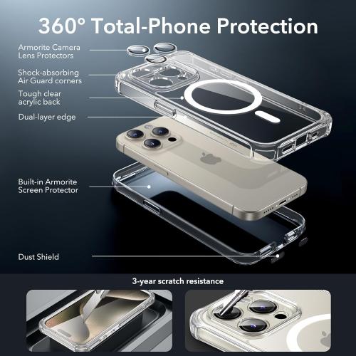 ESR for iPhone 15 Pro Max Case, Compatible with MagSafe, Full-Body Military-Grade Drop Proof Case for iPhone 15 Pro Max with Built-in 9H  Tempered Glass Screen Protector, Clear