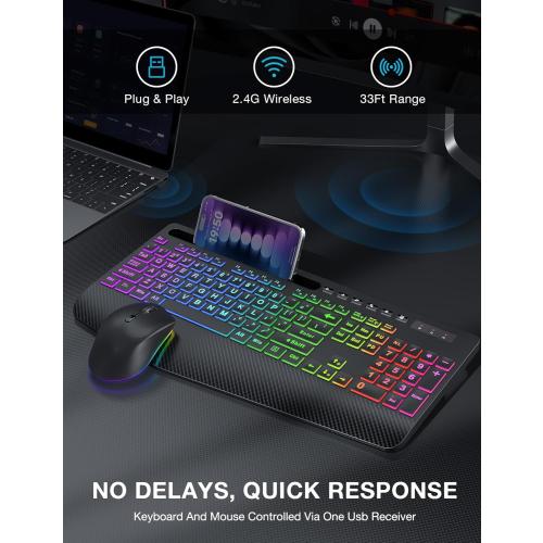 Color Black SABLUTE Wireless Keyboard and Mouse Combo, 9 Backlit Effects, Large Print, Wrist Rest, Phone Holder, 2.4G Lag-Free Ergonomic Keyboards, Rechargeable Easy to See Cordless Set for Computer, Laptop, PC