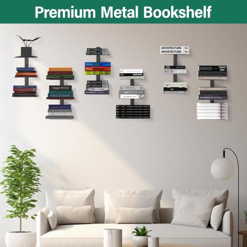 Invisible Floating Bookshelf for Wall Mounted, 2 Pack Black Spine Book Tower, 6 Tier Vertical Book Organizers, Heavy Duty Floating Book Shelves – No Assembly Required, for Office, Bedroom, Kids Room