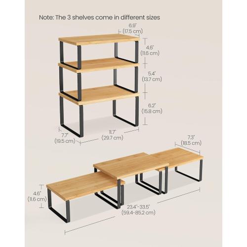 SONGMICS Cabinet Organizer Shelf, Set of 3 Kitchen Counter Shelves, Kitchen Storage, Spice Rack, Stackable, Expandable, Ink Black and Natural Beige UKCS014YL03