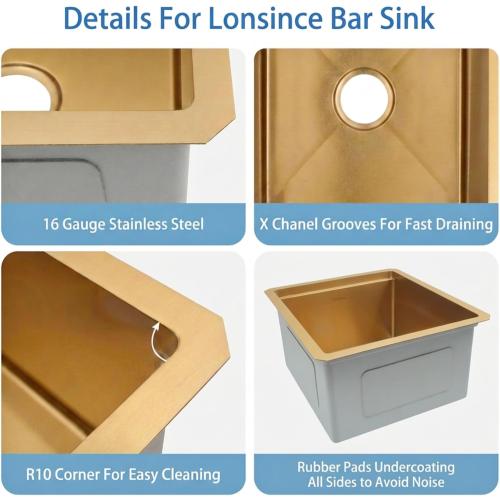 Gold Bar Sink Undermount,Small Bar & Prep Sinks,16 gauge Stainless Steel Bar Sink with Workstation for Wet Bar Area (18 X 18)