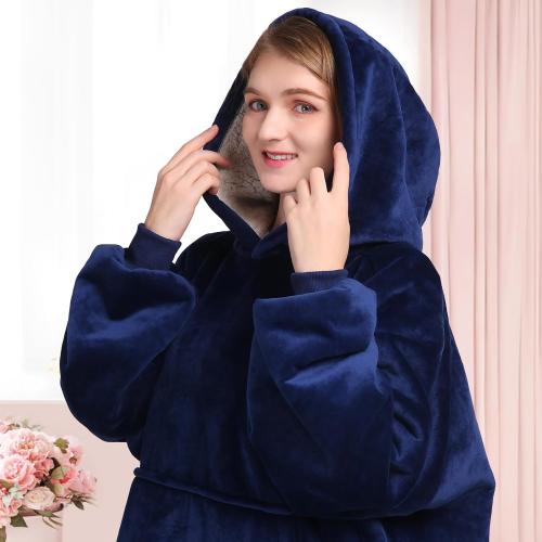 Waitu Oversized Wearable Blanket Sweatshirt Gifts for Women and Men, Soft Sherpa Blanket Hoodie with Sleeves and Pocket, Warm Body Blanket Robe - Navy