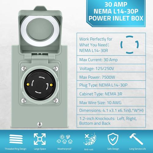 PAULINN 30A Generator Power Inlet Box NEMA 3R Generator Outlet Box for Outdoor Receptacle, 4 Prone, PB30, L14-30P, 125/250 Volt, 7500W 30 Amp Generator Transfer Switch, Weatherproof, ETL Listed