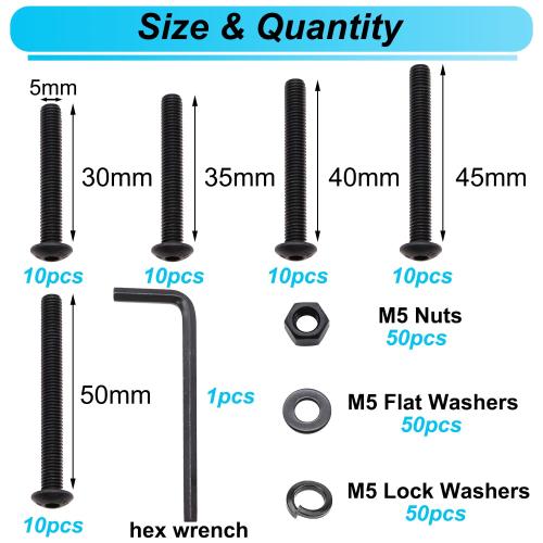 200PCS Black M5 Button Head Hex Socket Cap Screws, M5 x 30/35/40/45/50mm Metric Screws Bolts Nuts Washers Assortment Kit, 10.9 Grade Alloy Steel