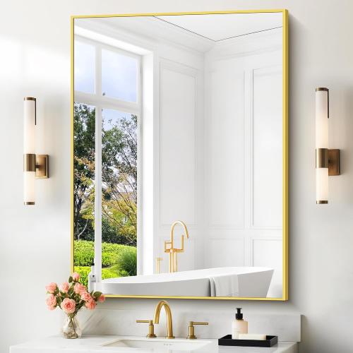 COFENY 36x55inch Bathroom Mirror, Gold Rectangle Mirror with Thin Metal Frame, Large Rectangular Wall Mirror for Bathroom, Living Room, Hair Salon, Big Farmhouse Mirror Hang Horizontal/Vertical