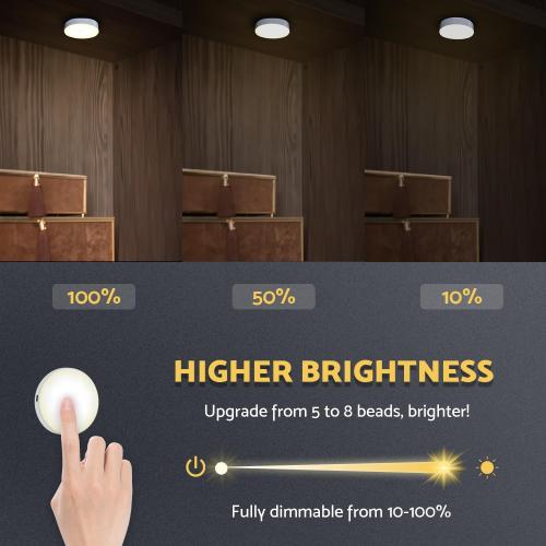 Rechargeable Puck Lights 2 Pack, Magnetic Tap Light 1000mAh Battery Powered, Warm Yellow, Dimmable Touch Light Stick on for Closet, Locker, Cabinet, Bedside, Kitchen