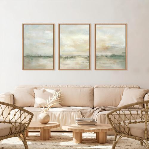 LHIUEM Large Abstract Green Gray Pastel Framed Canvas Wall Art,Neutral Landscape Wall Decor,Modern Watercolor Lake Artwork,Beige Textured Illustrations Art for Living Room,Bedroom,Office- 24x36x3