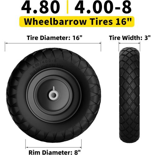 RONPOW 4.80/4.00-8 Flat Free Wheelbarrow Tire and Wheel, 16 Solid Puncture Proof Replacement Tires with 5/8 & 3/4 Bearings, 400Lbs Load, Universal Fit for Garden, Farm & Construction, 2Pack Black