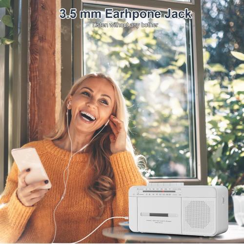 Portable Cassette Player Recorder Boombox with AM/FM Radio, AC or Battery Powered Vintage Casette Tape Player with Loud Speaker and Earphone Jack for Home or Outdoor White