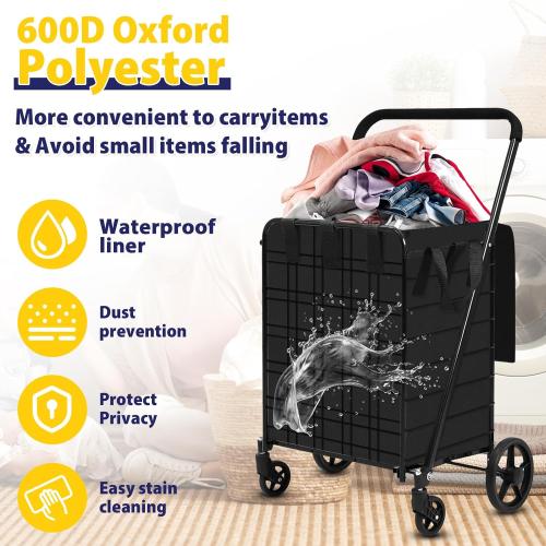 Shopping Cart for Groceries, 396 LBS Super Capacity Folding Utility Cart with Waterproof Liner, 360° Rolling Swivel Wheels Collapsible Cart, Heavy Duty Trolley for Laundry, Groceries (Jumbo Bag)
