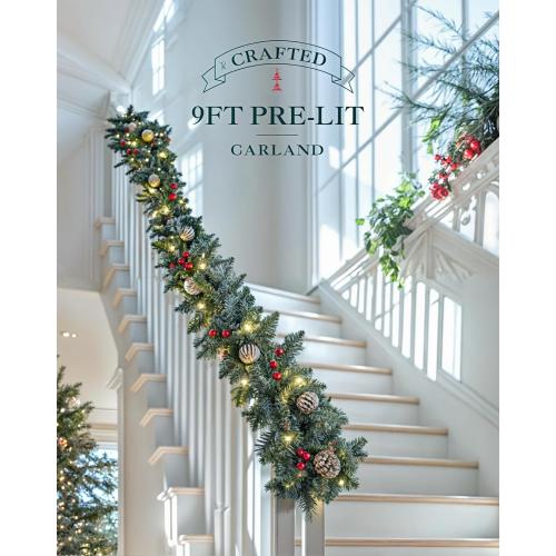 Pre-lit Christmas Garland, 9FT Lighted Christmas Garland Indoor with Red Berries & Pine Cone for Stairs Wall Door Outdoor Holiday Decor with Battery Operated Timer, Artificial Xmas Garland