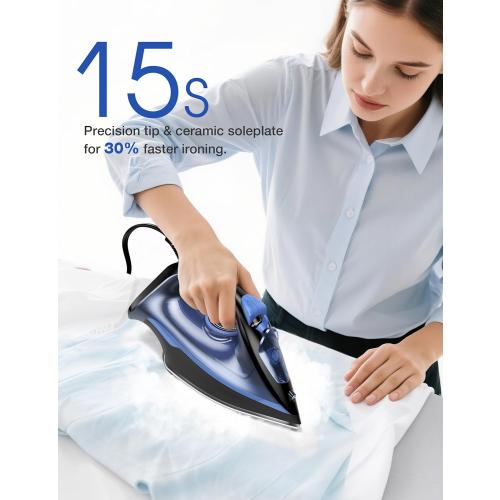 Sundu Steam Iron for Clothes with Rapid Heating Ceramic Coated Soleplate, 1500W with Precise Thermostat Dial, Self-Cleaning, Auto-Off, 15.21oz Water Tank for Home Clothes Ironing Use, Blue
