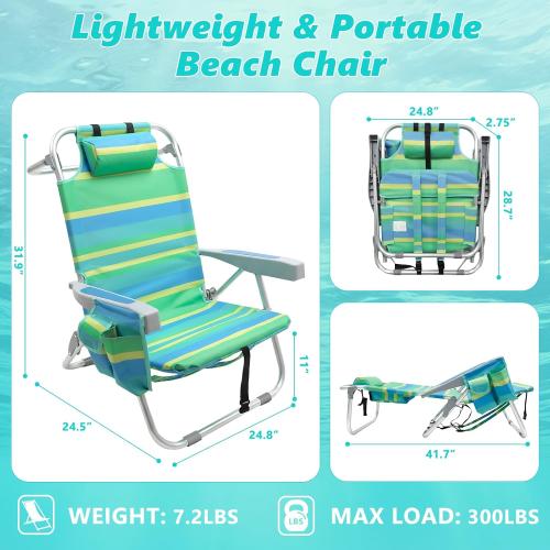 Low Beach Chair for Adults,5 Position Lay Flat, Portable Folding Aluminum Reclining Backpack Beach Chairs Heavy Duty with Cup Holder, Large Pocket for Outdoor/Lawn/Picnic/Fishing