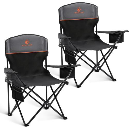 ALPHA CAMP Camping Chairs 350LBS Capacity, Heavy Duty Folding Chair with 4-Can Cooler Bag, Portable Outdoor Chair with Cup Holder for Adults, Collapsible for Tailgating, Beach, Fishing,Black,2PC