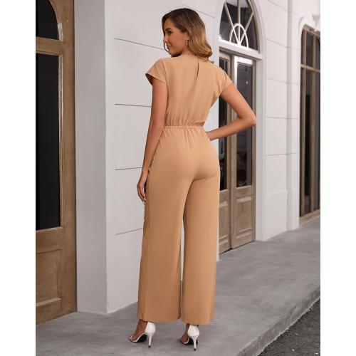 Women's Casual Loose Jumpsuits Crew Neck Short Sleeve Wide Leg Pant Rompers One Piece Outfits with Pockets