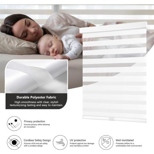 AOSKY Cordless Zebra Blinds for Windows Pull Down Roller Window Shades Dual Layer Light Filtering Privacy for Day and Night, Free-Stop Door Shades for Home Easy to Install (34 W X 72 H, White)